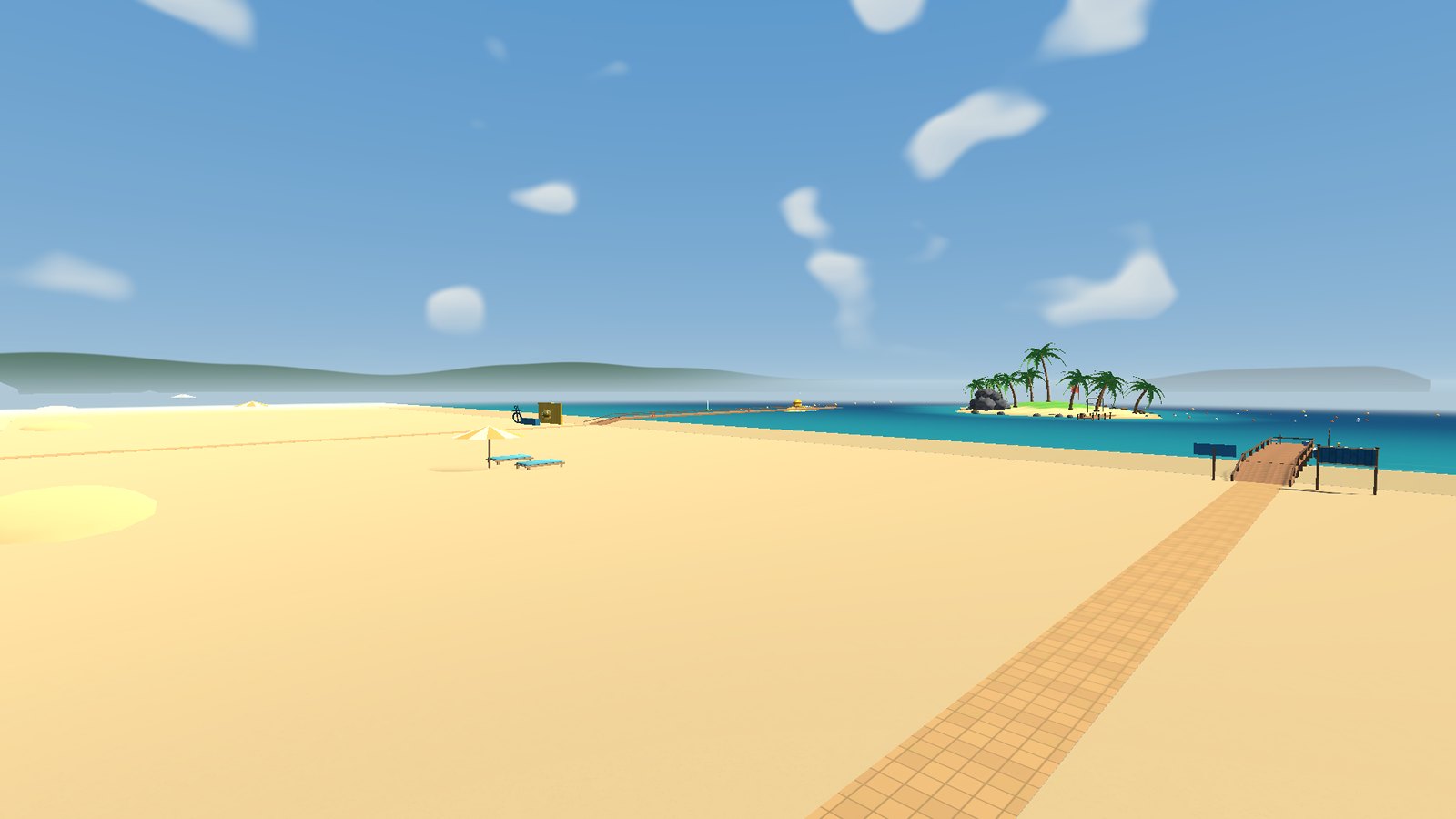 Het strand met het eiland en de ballonnen